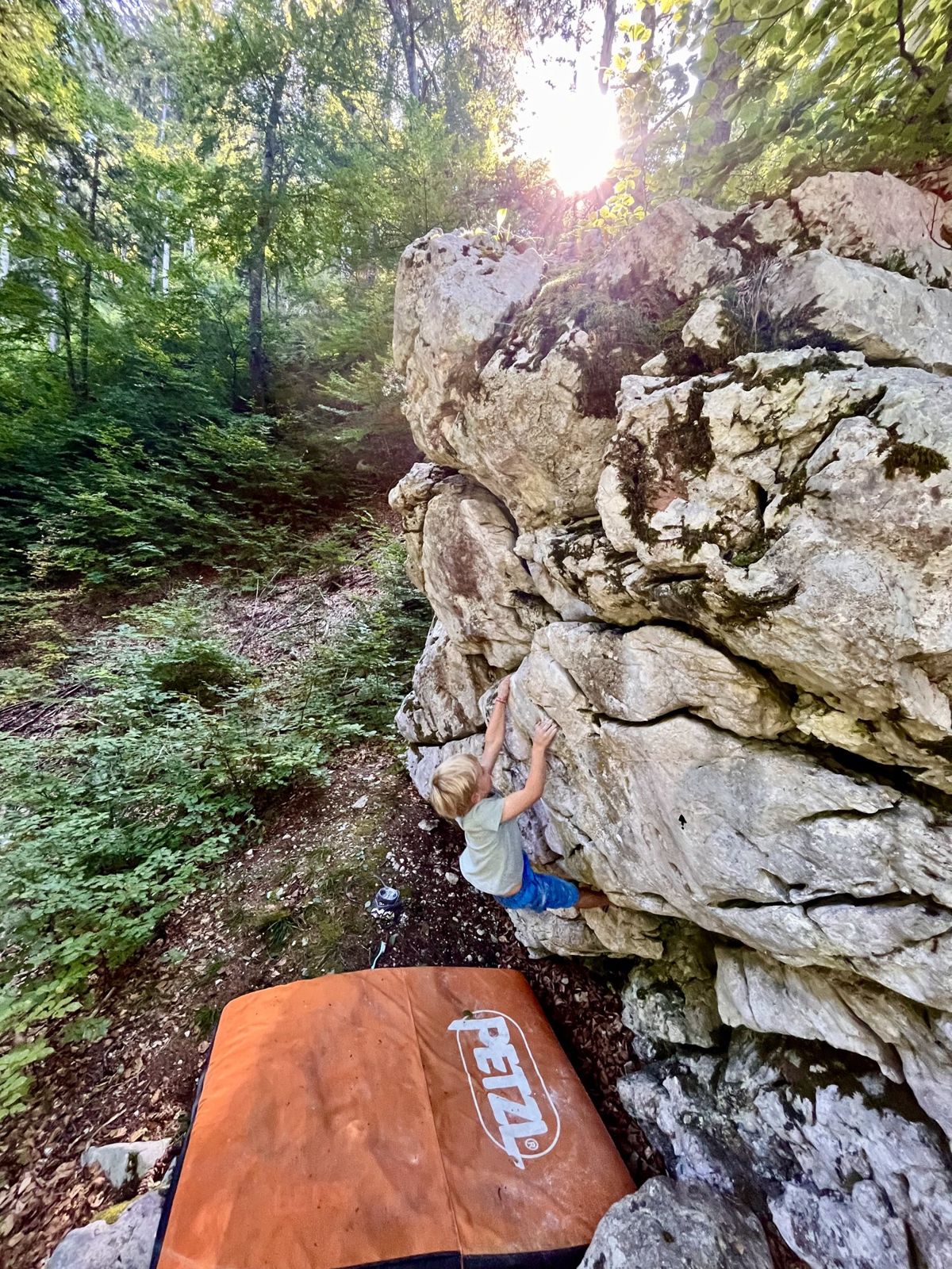 Un enfant grimpe sur un bloc de calcaire en forêt, au-dessus d'un crash pad