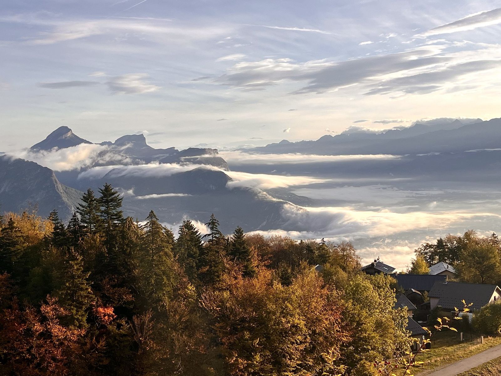 Mer de nuages sur la vallée de Grenoble, avec la Chartreuse à gauche et la chaîne de Belledonne à l'horizon, derrière les arbres d'automne du village